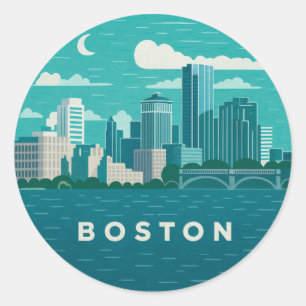 Sticker Rond Paysage urbain nocturne du Massachusetts Ville d