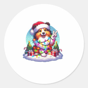 Sticker Rond Peace Hand Shetland Sheepdog lumières de Noël Femm