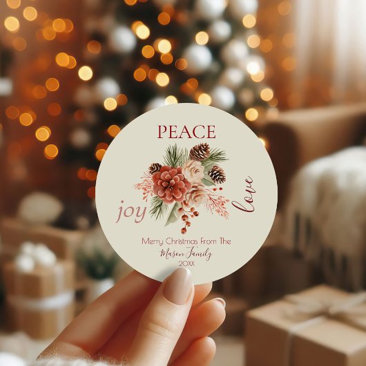 Sticker Rond Peace Jove Love Beige Floral Noël
