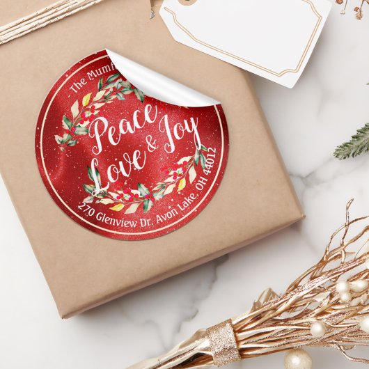 Sticker Rond Peace Joy & Love Noël Bonne année Adresse