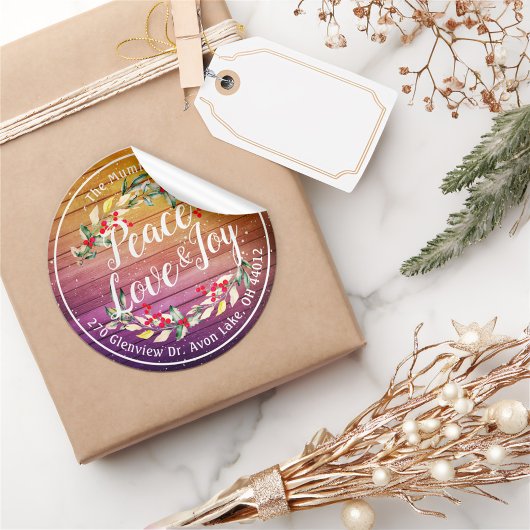 Sticker Rond Peace Joy & Love Noël Bonne année Adresse