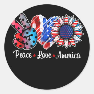 Sticker Rond Peace Love America Sunflower American Drapeau drôl