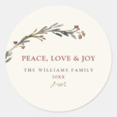 Sticker Rond Peace Love and Joy Red Berries Green (Devant)