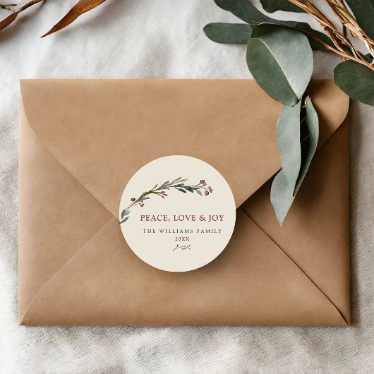 Sticker Rond Peace Love and Joy Red Berries Green