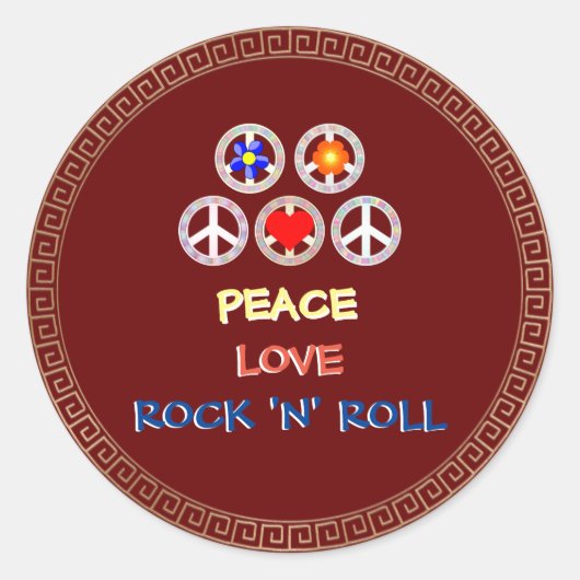 Sticker Rond Peace, Love and Rock 'n' Roll (Devant)
