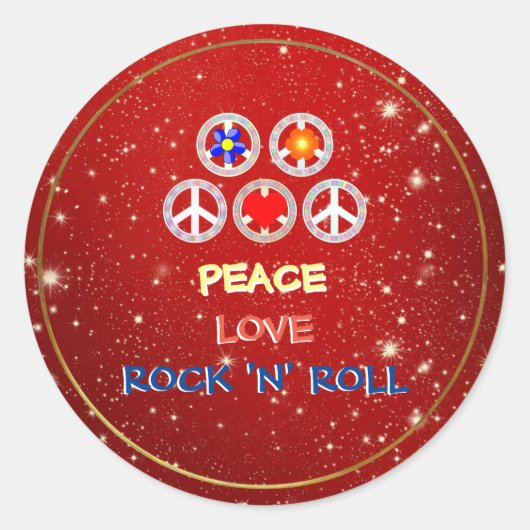 Sticker Rond Peace, Love and Rock 'n' Roll (Devant)