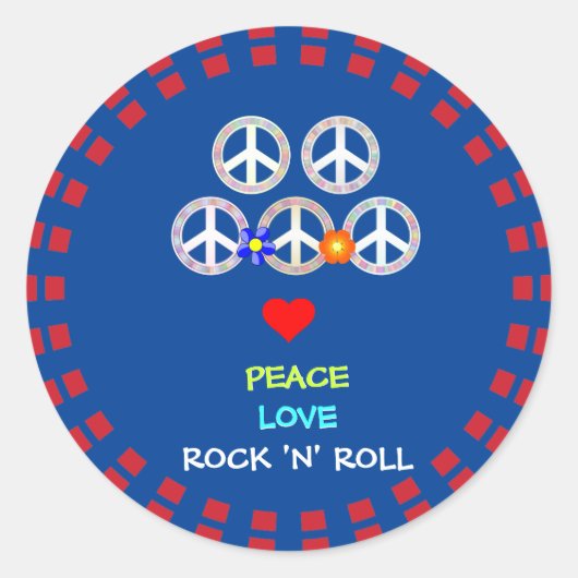 Sticker Rond Peace, Love and Rock 'n' Roll (Devant)