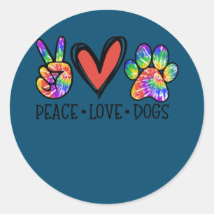 Sticker Rond Peace Love Chiens Paws Tie Dye Rainbow Animal Resc