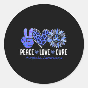 Sticker Rond Peace Love Cure Alopecia Sensibilisation Bleu Tour