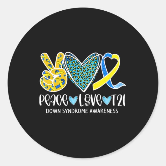 Sticker Rond Peace Love Cure Bleu & Jaune Ribbon Down Syndrome (Devant)