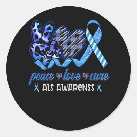Sticker Rond Peace Love Cure Blue And White Ribbon ALS Month (Devant)