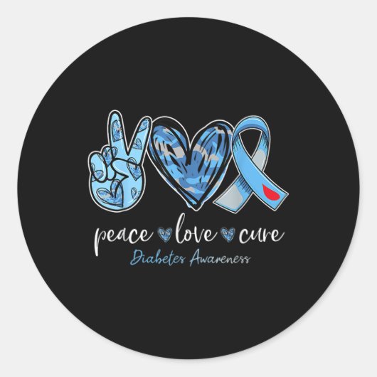 Sticker Rond Peace Love Cure Blue Ribbon Sensibilisation au dia (Devant)