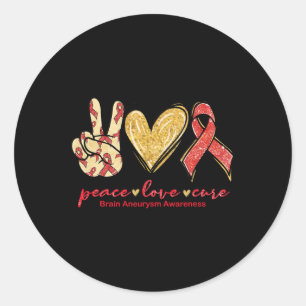 Sticker Rond Peace Love Cure Burgundy Ribbon Cerveau Aneurysm A