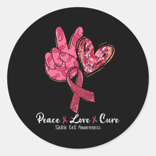 Sticker Rond Peace Love Cure Burgundy Ribbon Sickle Cell Award (Devant)