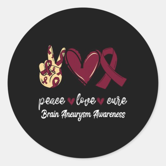 Sticker Rond Peace Love Cure Cerveau Aneurysme Bourgogne Ruban  (Devant)