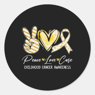 Sticker Rond Peace Love Cure Gold Ribbon Enfance Cancer Aware
