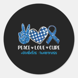 Sticker Rond Peace Love Cure Grey Blue Ribbon Prix du diabète