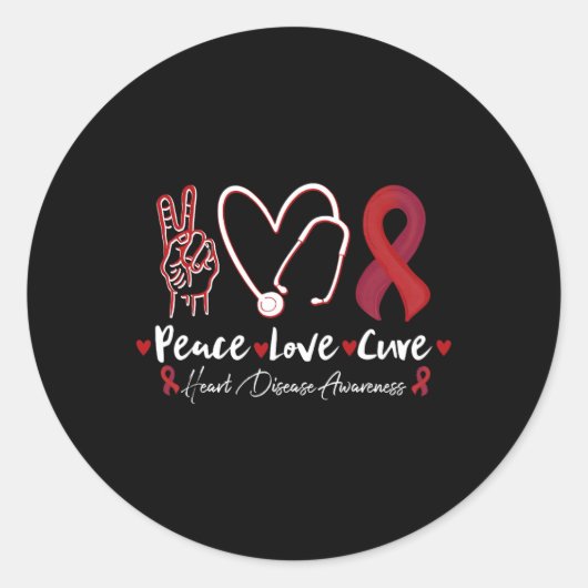 Sticker Rond Peace Love Cure Heart Disease Awareness Stethoscop (Devant)