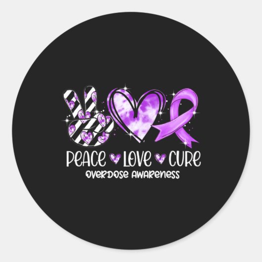 Sticker Rond Peace Love Cure Purple Ribbon Overdose Sensibilisa (Devant)