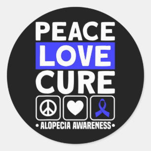 Sticker Rond Peace Love Cure Support Alopecia Awareness Ruban