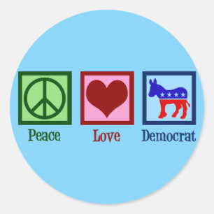 Sticker Rond Peace Love Democrat Donkey Cute Blue