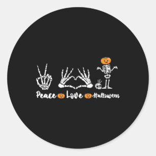 Sticker Rond Peace Love Halloween Skeleton Mains Funny Hallowee
