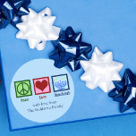 Sticker Rond Peace Love Hanoukka mignon cadeau personnalisé<br><div class="desc">Autocollants personnalisées Peace Love Hanoukka pour un cadeau Chanukah ou une faveur de parti. Un joli signe de paix,  coeur,  et une belle menorah sur un mignon sticker de vacances juives bleues.</div>