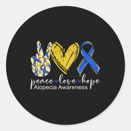 Sticker Rond Peace Love Hope Alopecia Awareness Bleu Ruban (Devant)