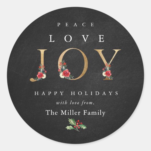 Sticker Rond Peace Love Joy Festive Winter Floral Berries (Devant)