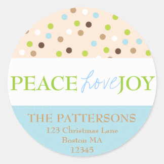 Sticker Rond Peace Love Joy Pois en bleu