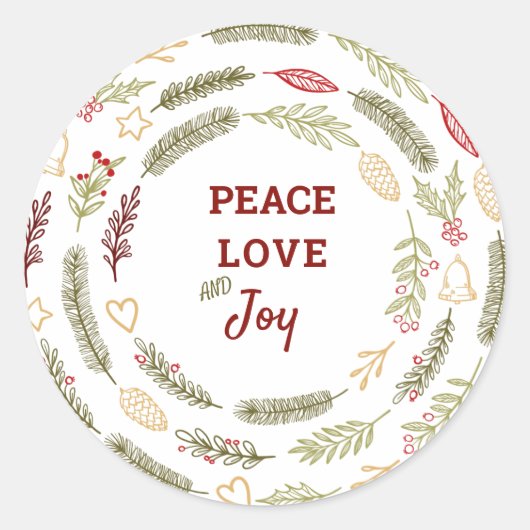 Sticker Rond Peace Love Joy Simple Rustic Christmas Foliage (Devant)