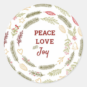 Sticker Rond Peace Love Joy Simple Rustic Christmas Foliage