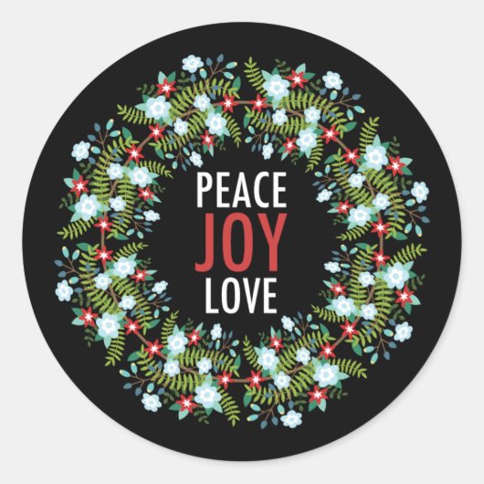 Sticker Rond Peace Love Joy Wreath sur un Arrière - plan noir (Devant)