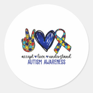 Sticker Rond Peace Love Ribbon Sensibilisation sur l'autisme Ac