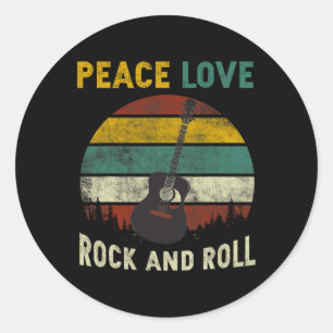 Sticker Rond Peace Love Rock &amp; Roll Guitare Player Guitaris