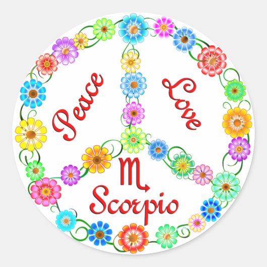 Sticker Rond Peace Love Scorpio (Devant)