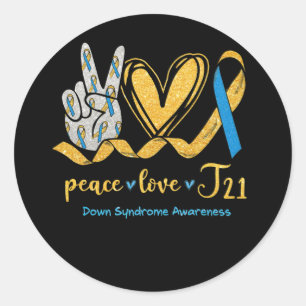 Sticker Rond Peace Love T21 Blue Yellow Ribbon Down Syndrome