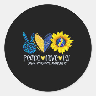 Sticker Rond Peace Love T21 Blue Yellow Ribbon Down Syndrome Aw