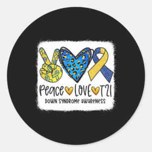 Sticker Rond Peace Love T21 Cure Blue Yellow Down Syndrome Awar