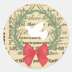 Sticker Rond Peace on Earth Dove, Feuilles d'oliviers, Typograp
