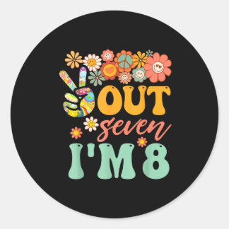 Sticker Rond Peace out seven 8 groovy 8th happy birthday boy