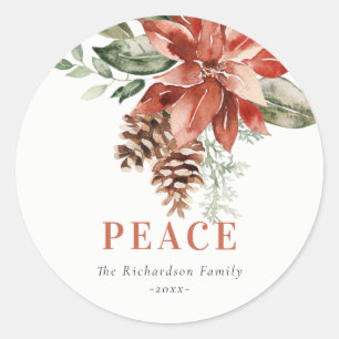 Sticker Rond Peace Poinsettia Bund'aquarelle Pine Noël