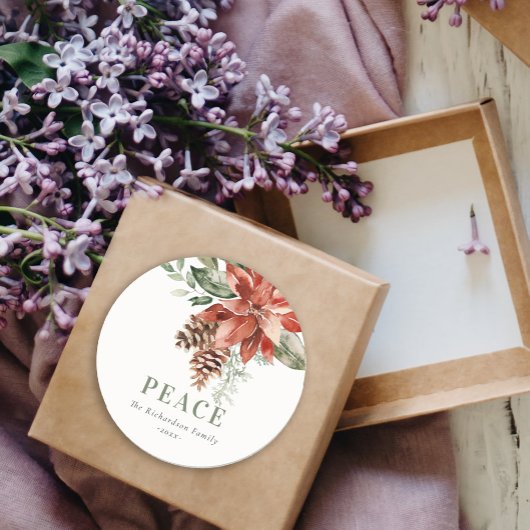 Sticker Rond Peace Poinsettia Bund'aquarelle Pine Noël