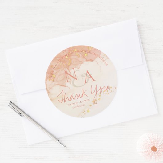 Sticker Rond Peach Gold Marble Cute Monogramme Mariage Merci (Enveloppe)