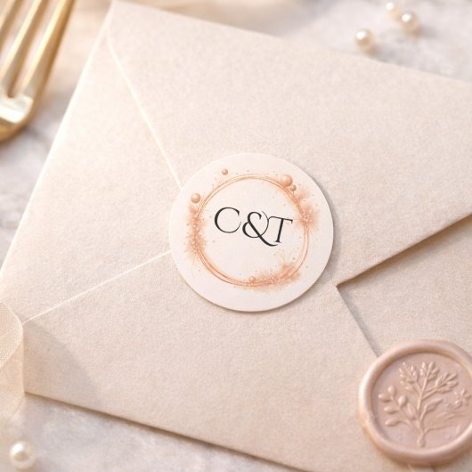 Sticker Rond Peach Gold Sparkle Script Monogram Wedding