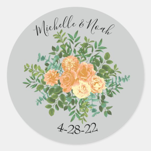 Sticker Rond Peach Grey Mariage Spring Floral (Devant)