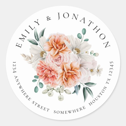 Sticker Rond Peach Peonies Florals Nom de retour Adresse (Devant)