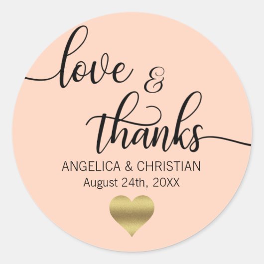 Sticker Rond PEACH PINK Blush Gold LOVE & MERCI Mariage (Devant)
