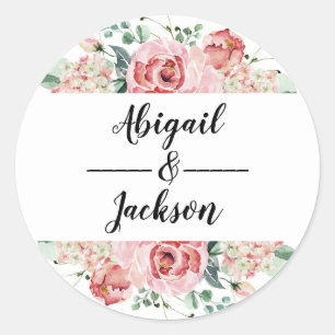 Sticker Rond Peach Watercolor Floral Frame Mariage Monogramme