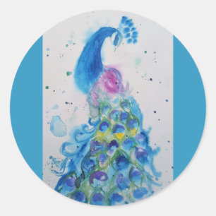 Sticker Rond Peacock art Watercolor Peinture Cushion Aqua Turqu
